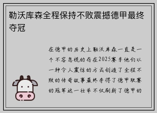 勒沃库森全程保持不败震撼德甲最终夺冠