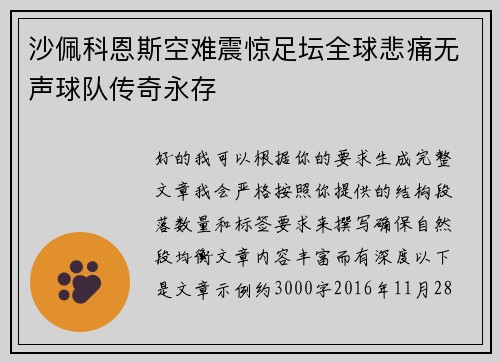 沙佩科恩斯空难震惊足坛全球悲痛无声球队传奇永存